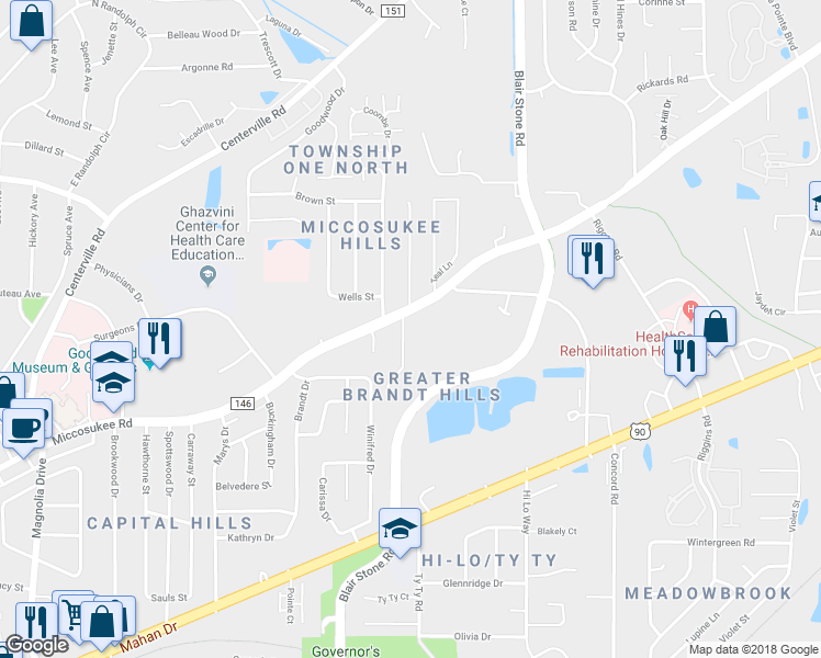 map of restaurants, bars, coffee shops, grocery stores, and more near 1413 McCauley Road in Tallahassee