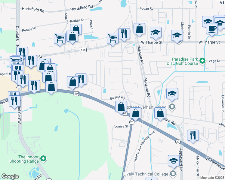 map of restaurants, bars, coffee shops, grocery stores, and more near 3128 Bicycle Road in Tallahassee