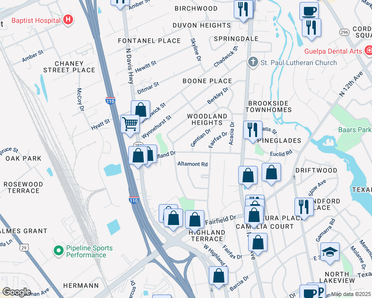 map of restaurants, bars, coffee shops, grocery stores, and more near 708 Woodland Drive in Pensacola
