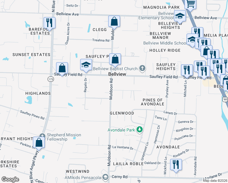 map of restaurants, bars, coffee shops, grocery stores, and more near 5912 Muldoon Road in Pensacola