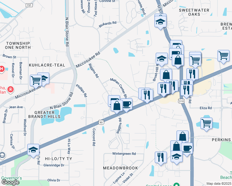 map of restaurants, bars, coffee shops, grocery stores, and more near 1675 Riggins Road in Tallahassee