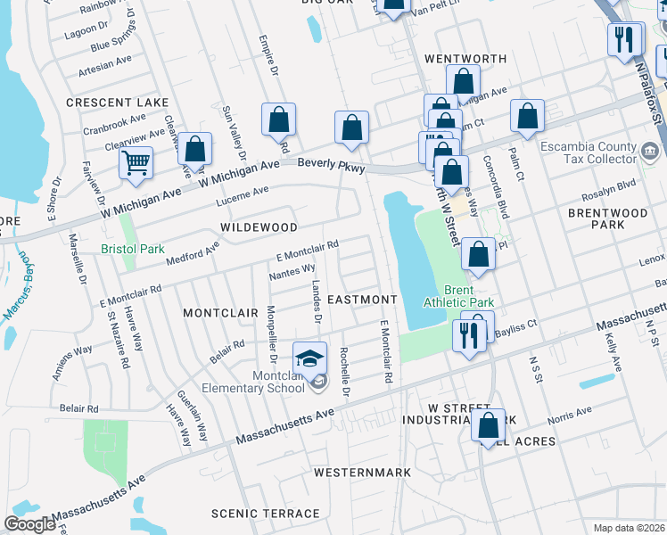 map of restaurants, bars, coffee shops, grocery stores, and more near 4522 Landes Drive in Pensacola