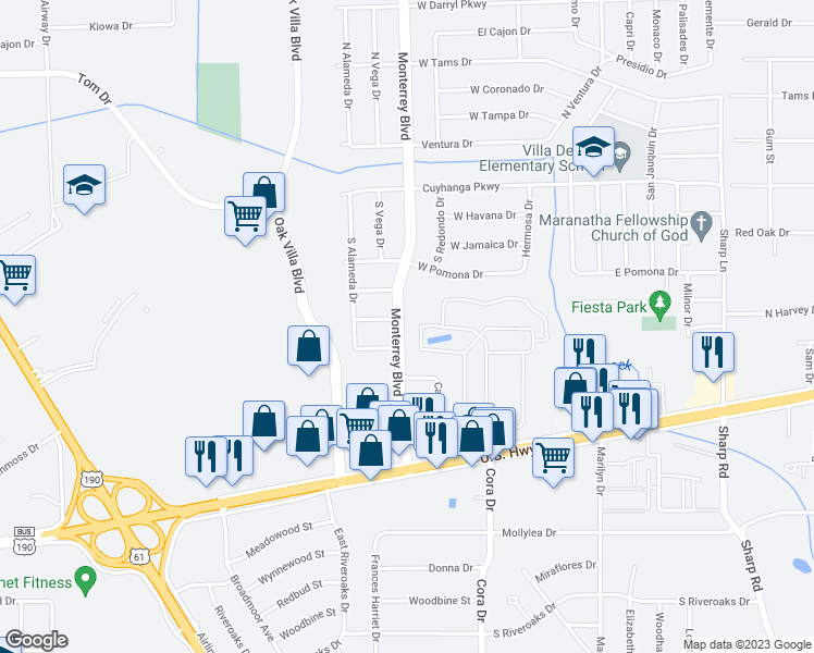 map of restaurants, bars, coffee shops, grocery stores, and more near 1044 Monterrey Boulevard in Baton Rouge