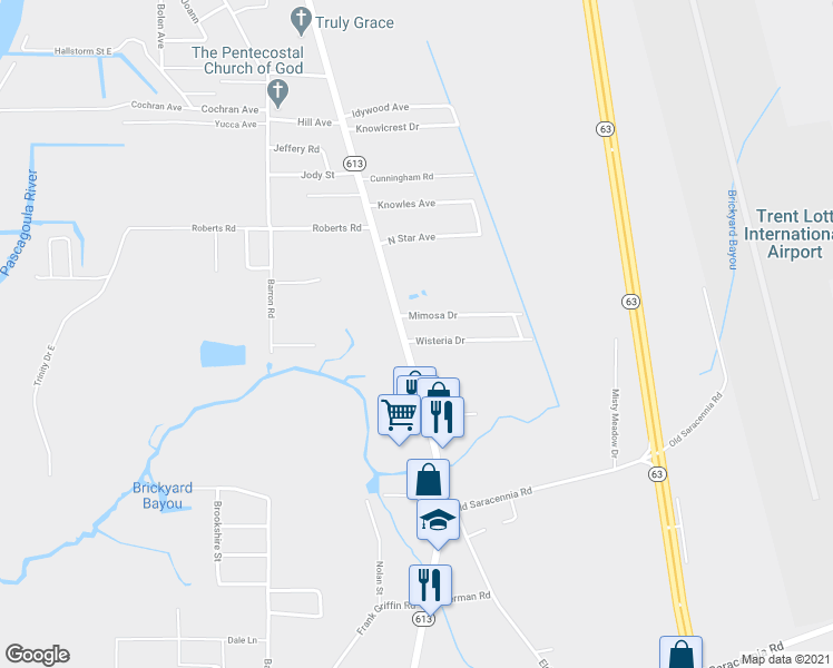 map of restaurants, bars, coffee shops, grocery stores, and more near 4105 Wisteria Drive in Moss Point