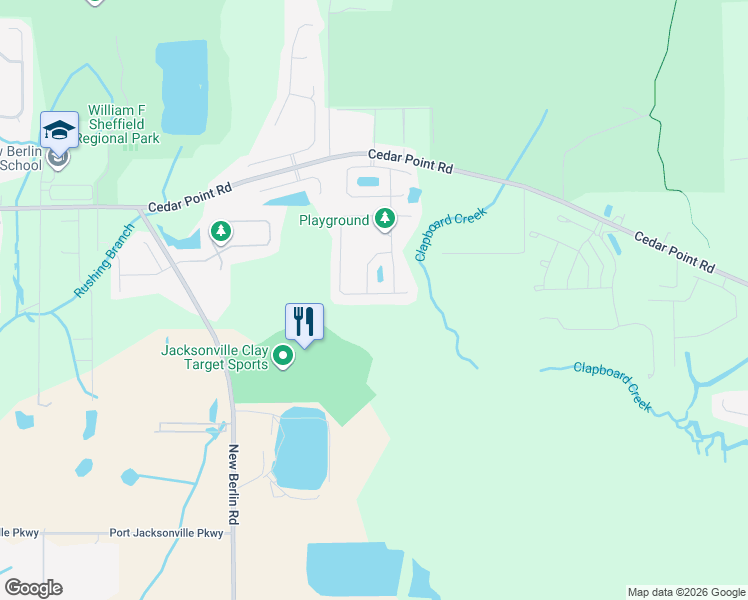 map of restaurants, bars, coffee shops, grocery stores, and more near 12340 Itani Way in Jacksonville