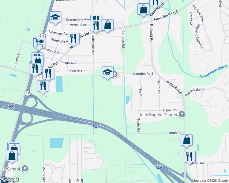 map of restaurants, bars, coffee shops, grocery stores, and more near 819 Fields Road in Jacksonville