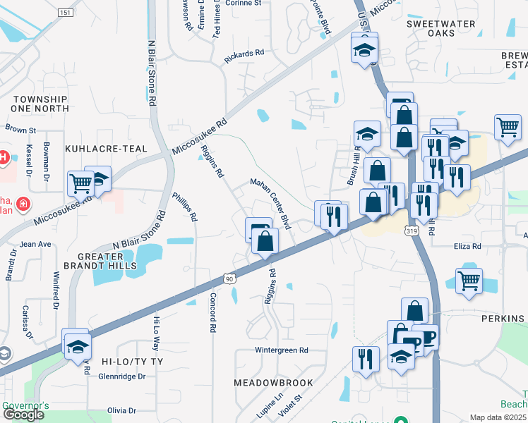 map of restaurants, bars, coffee shops, grocery stores, and more near 1675 Riggins Road in Tallahassee