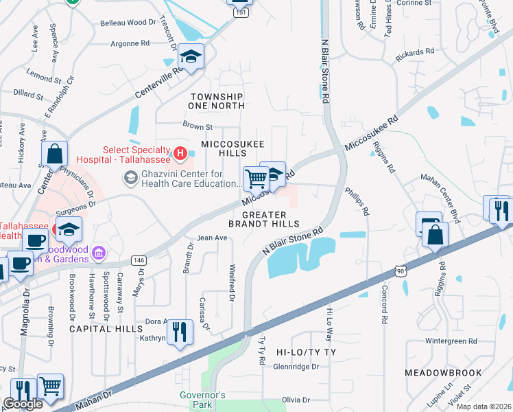 map of restaurants, bars, coffee shops, grocery stores, and more near 1413 McCauley Road in Tallahassee