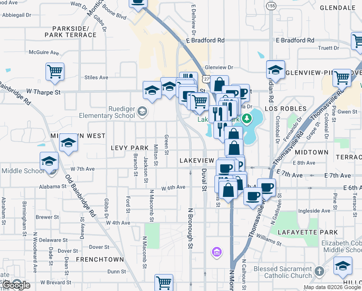 map of restaurants, bars, coffee shops, grocery stores, and more near 319 West 8th Avenue in Tallahassee
