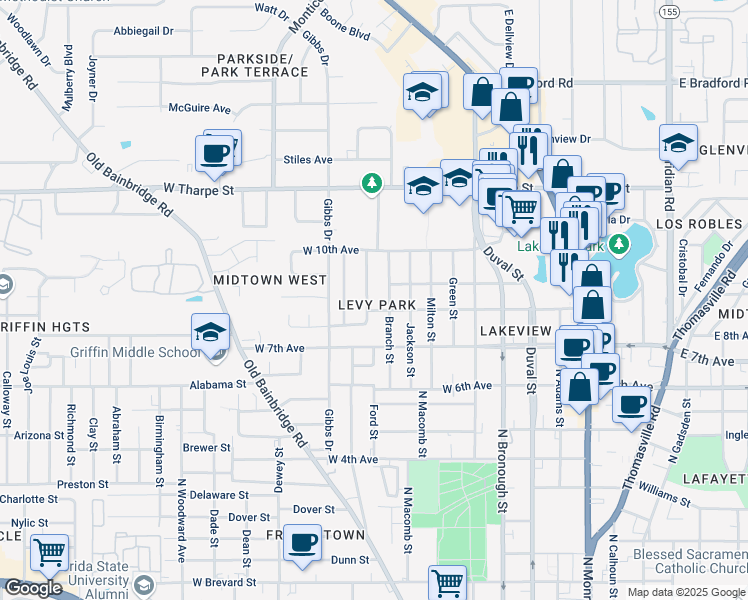 map of restaurants, bars, coffee shops, grocery stores, and more near 609 West 8th Avenue in Tallahassee