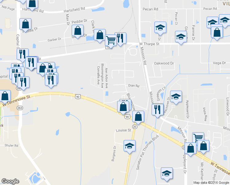 map of restaurants, bars, coffee shops, grocery stores, and more near 3128 Bicycle Road in Tallahassee