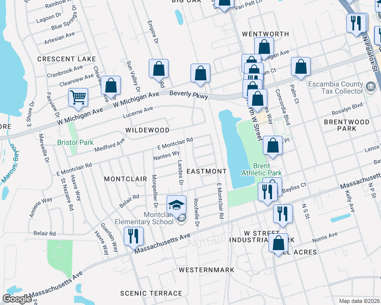 map of restaurants, bars, coffee shops, grocery stores, and more near 4522 Landes Drive in Pensacola