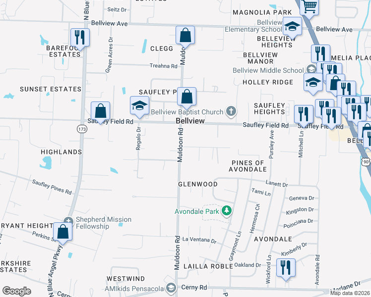 map of restaurants, bars, coffee shops, grocery stores, and more near 5912 Muldoon Road in Pensacola