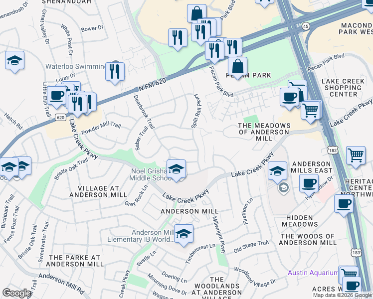 map of restaurants, bars, coffee shops, grocery stores, and more near 10805 Cobblestone Lane in Austin