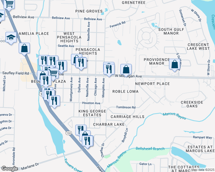 map of restaurants, bars, coffee shops, grocery stores, and more near 5919 Bilek Drive in Pensacola