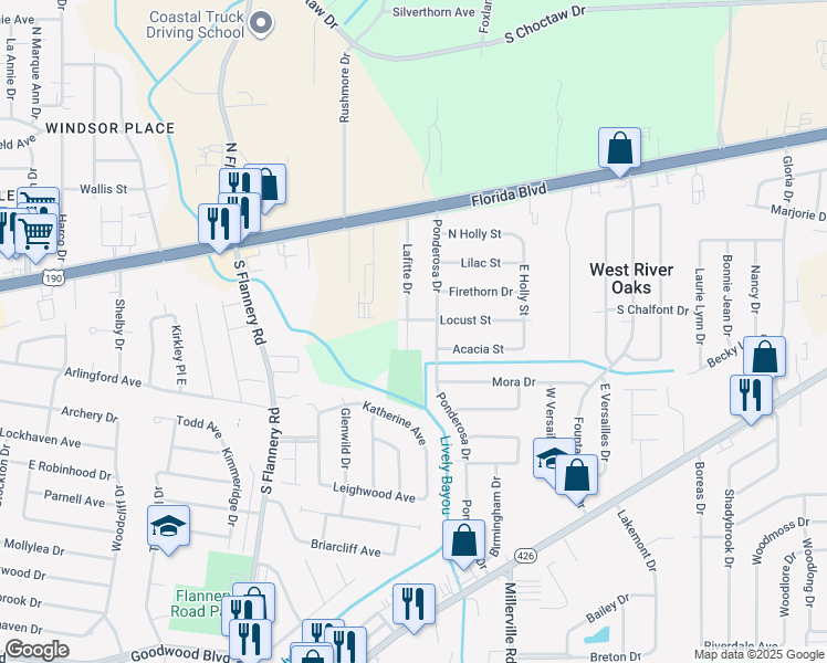 map of restaurants, bars, coffee shops, grocery stores, and more near 313 Lafitte Drive in Baton Rouge