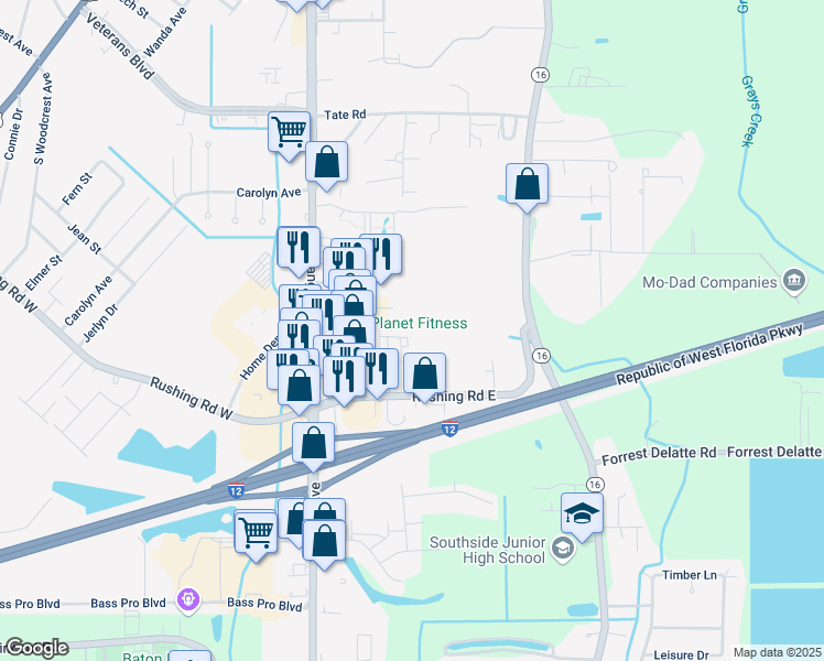 map of restaurants, bars, coffee shops, grocery stores, and more near 2410 Vail Drive in Denham Springs