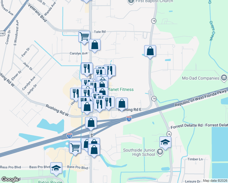 map of restaurants, bars, coffee shops, grocery stores, and more near 2410 Vail Drive in Denham Springs