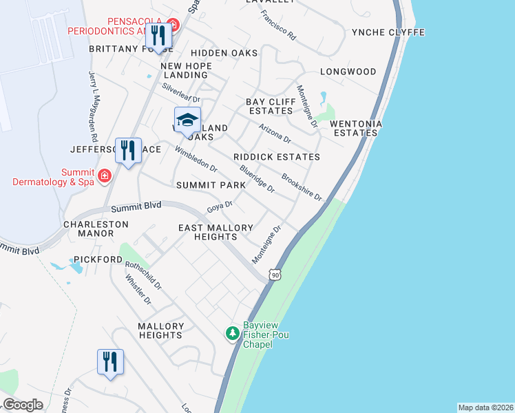 map of restaurants, bars, coffee shops, grocery stores, and more near 3645 Wimbledon Drive in Pensacola