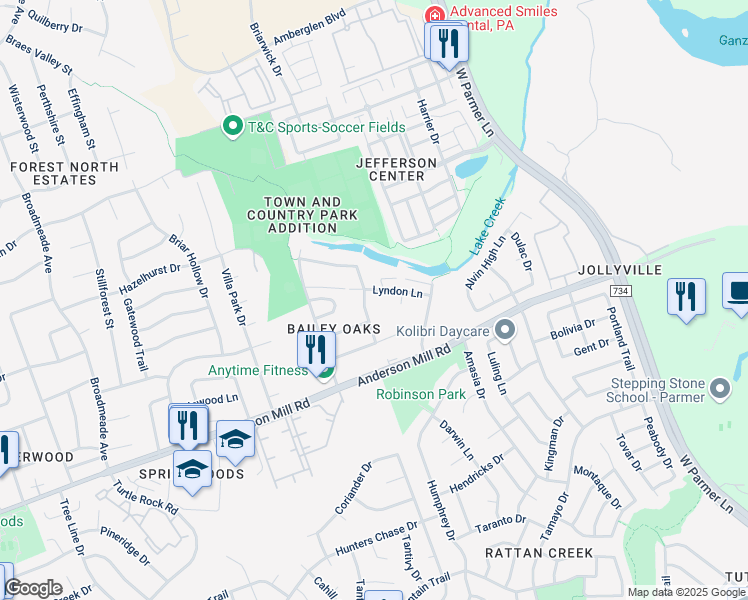 map of restaurants, bars, coffee shops, grocery stores, and more near 13316 Water Oak Lane in Austin