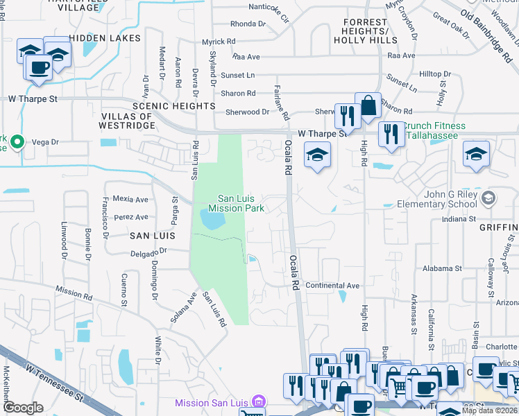 map of restaurants, bars, coffee shops, grocery stores, and more near 1380 Ocala Road in Tallahassee