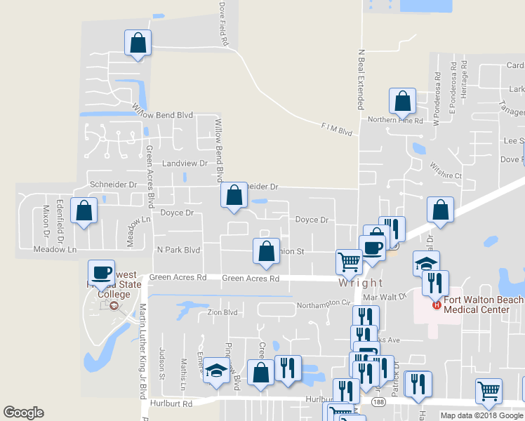 map of restaurants, bars, coffee shops, grocery stores, and more near 1134 Jeni Mae Court in Fort Walton Beach