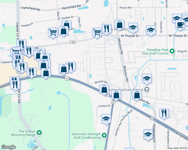 map of restaurants, bars, coffee shops, grocery stores, and more near 3128 Bicycle Road in Tallahassee