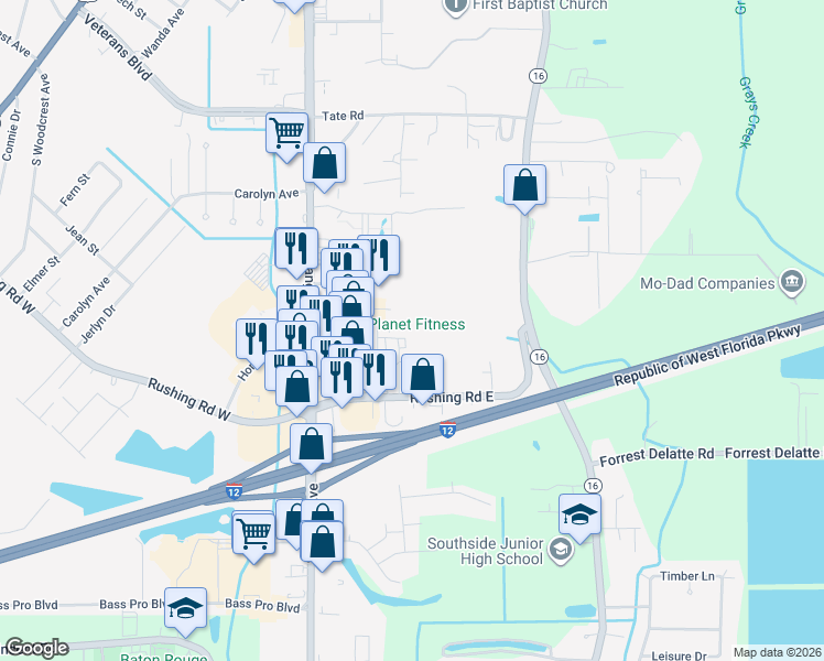 map of restaurants, bars, coffee shops, grocery stores, and more near 155 Aspen Square in Denham Springs