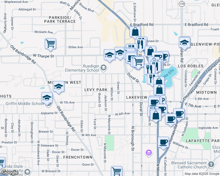 map of restaurants, bars, coffee shops, grocery stores, and more near 511 West 8th Avenue in Tallahassee