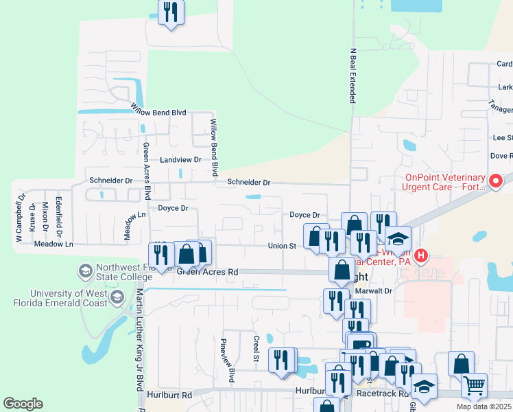 map of restaurants, bars, coffee shops, grocery stores, and more near 1134 Jeni Mae Court in Fort Walton Beach