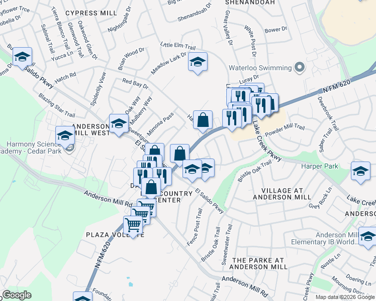 map of restaurants, bars, coffee shops, grocery stores, and more near Quill Leaf Cove in Austin