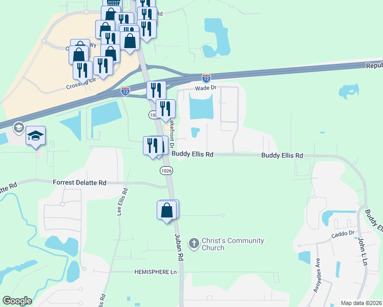 map of restaurants, bars, coffee shops, grocery stores, and more near 10385 Buddy Ellis Road in Denham Springs