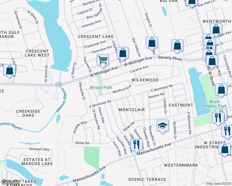 map of restaurants, bars, coffee shops, grocery stores, and more near 930 East Montclair Road in Pensacola