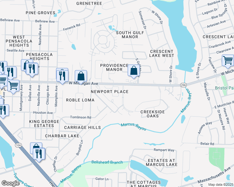 map of restaurants, bars, coffee shops, grocery stores, and more near 2441 Spyglass Circle in Pensacola