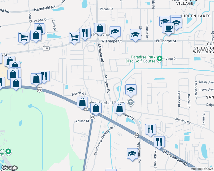 map of restaurants, bars, coffee shops, grocery stores, and more near 2853 Mission Road in Tallahassee