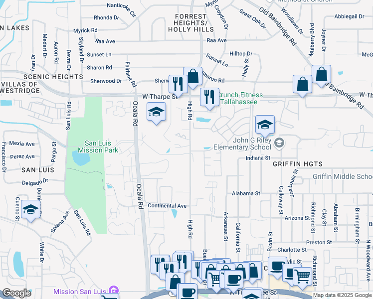 map of restaurants, bars, coffee shops, grocery stores, and more near 1803 High Court in Tallahassee