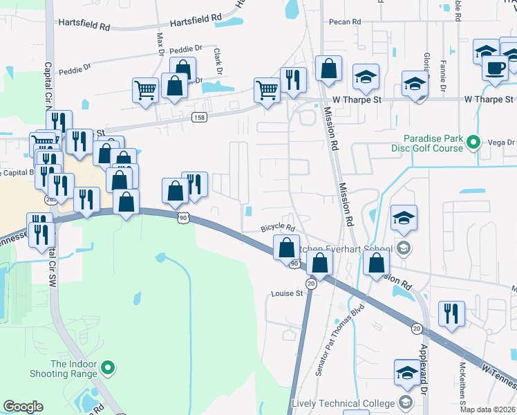 map of restaurants, bars, coffee shops, grocery stores, and more near 3128 Bicycle Road in Tallahassee