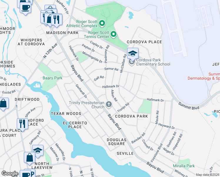 map of restaurants, bars, coffee shops, grocery stores, and more near 4075 Aiken Road in Pensacola
