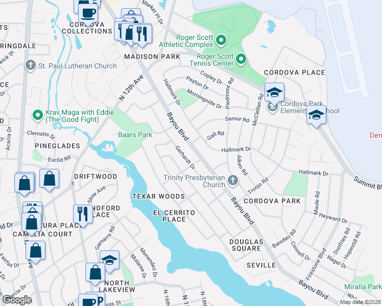 map of restaurants, bars, coffee shops, grocery stores, and more near 3575 Bayou Boulevard in Pensacola