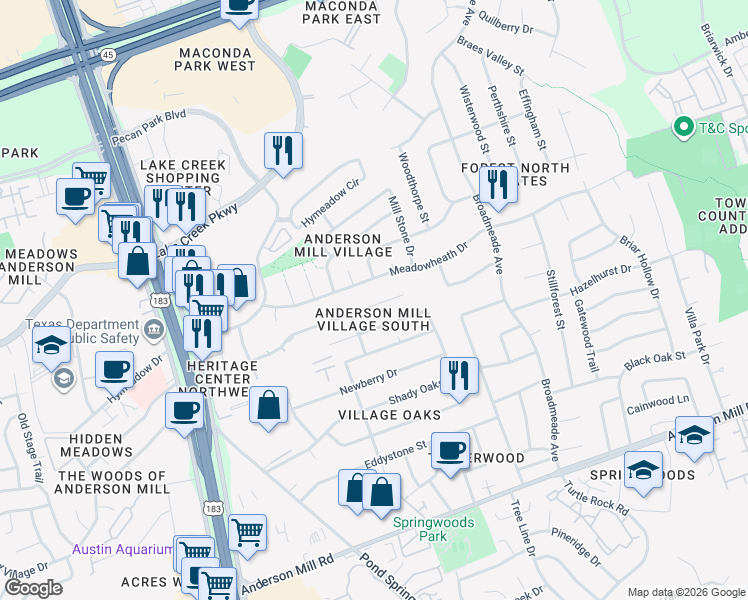map of restaurants, bars, coffee shops, grocery stores, and more near 9629 Copper Creek Drive in Austin