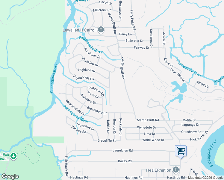 map of restaurants, bars, coffee shops, grocery stores, and more near 8100 Exchange Street in Gautier