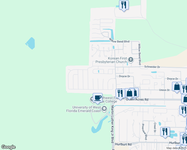 map of restaurants, bars, coffee shops, grocery stores, and more near 1871 Heartland Drive in Fort Walton Beach