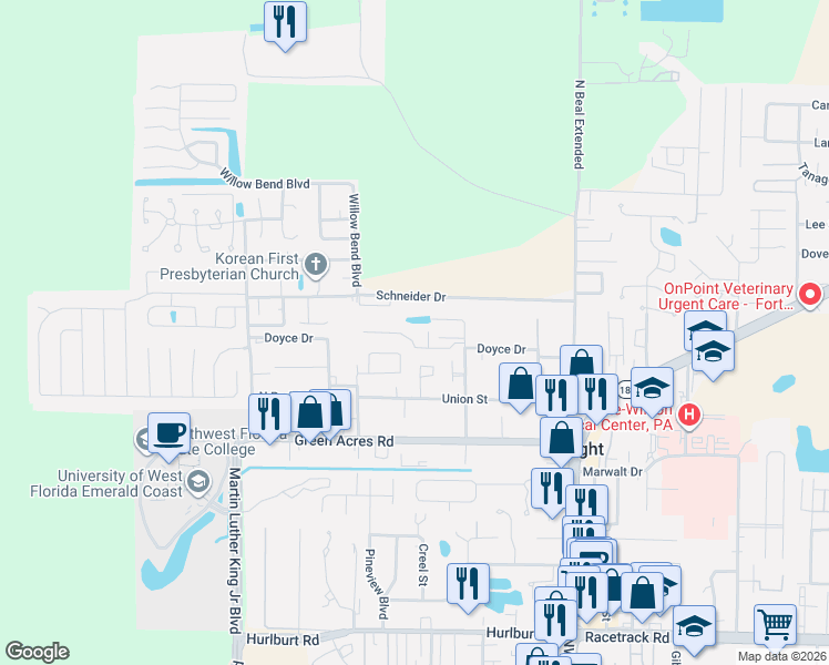map of restaurants, bars, coffee shops, grocery stores, and more near 1860 Whispering Oaks Lane in Fort Walton Beach