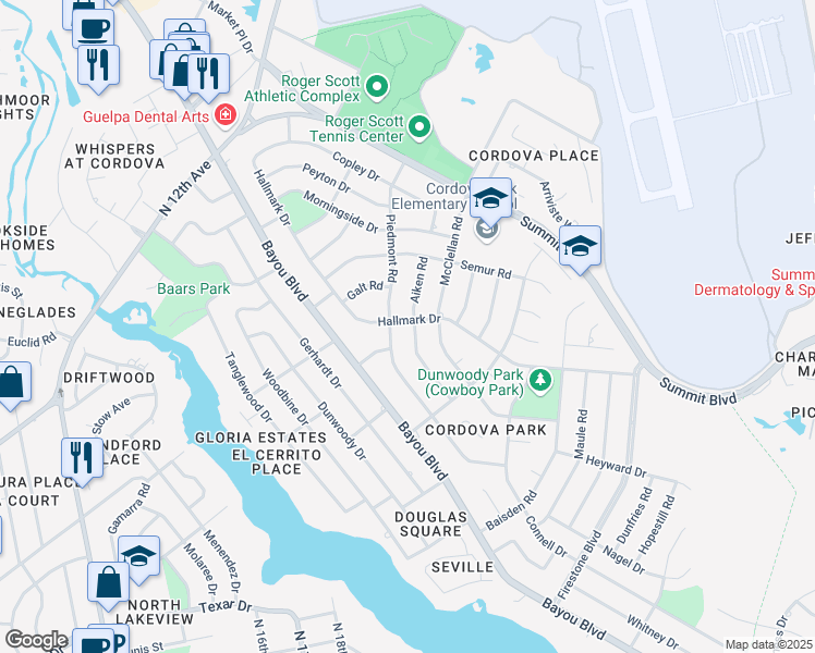 map of restaurants, bars, coffee shops, grocery stores, and more near 4075 Aiken Road in Pensacola