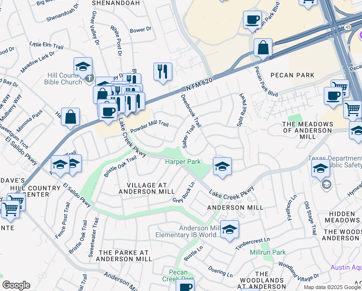 map of restaurants, bars, coffee shops, grocery stores, and more near 12206 Saber Trail in Austin