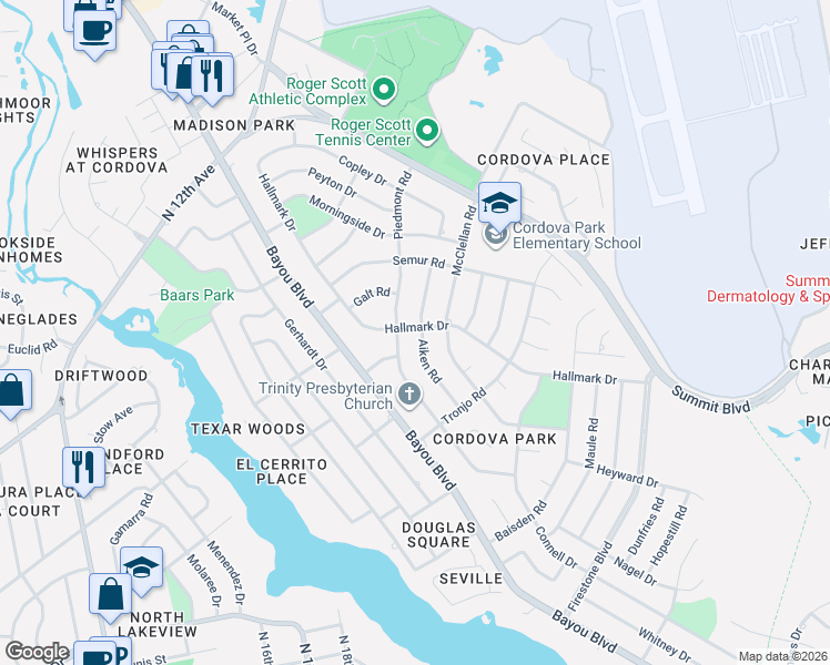 map of restaurants, bars, coffee shops, grocery stores, and more near 4075 Aiken Road in Pensacola
