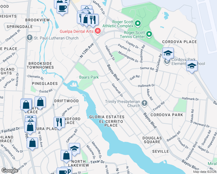 map of restaurants, bars, coffee shops, grocery stores, and more near 3956 Dunwoody Drive in Pensacola