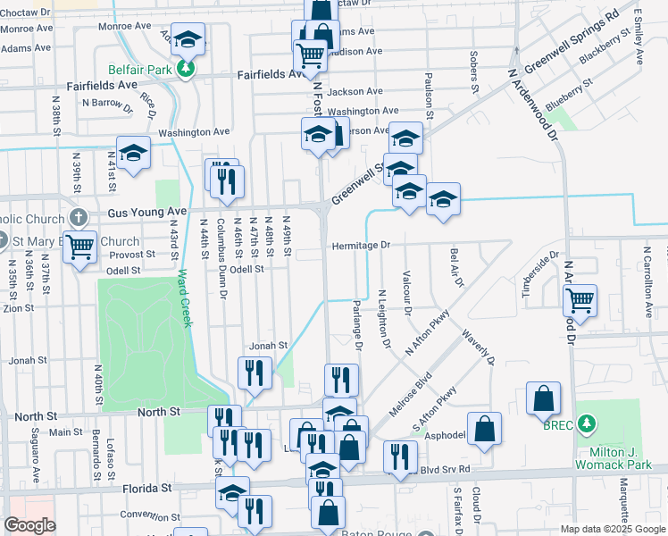 map of restaurants, bars, coffee shops, grocery stores, and more near 1200 North Foster Drive in Baton Rouge