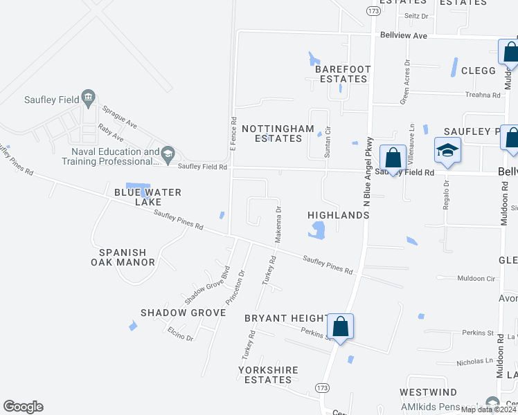 map of restaurants, bars, coffee shops, grocery stores, and more near 5700 Saufley Field Road in Pensacola