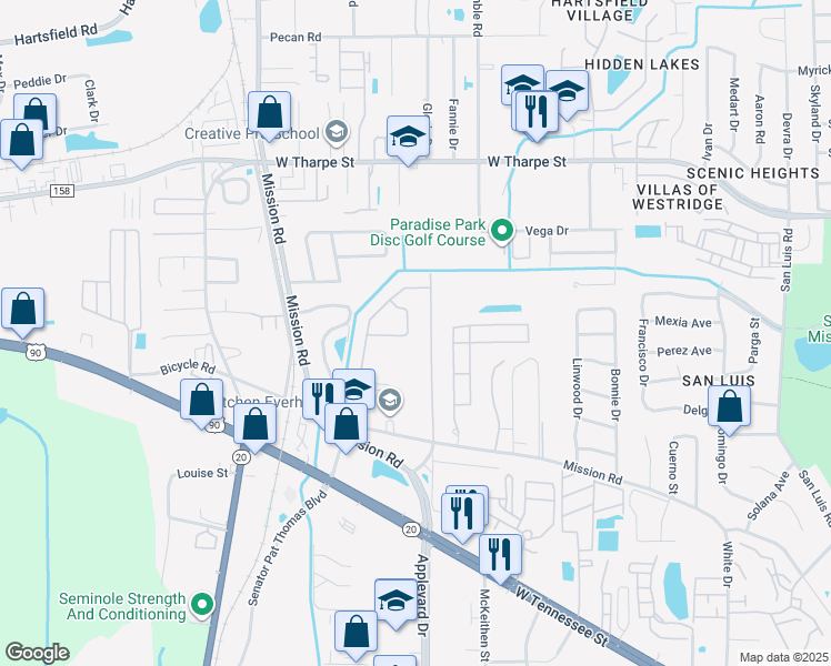 map of restaurants, bars, coffee shops, grocery stores, and more near 1321 Dura Circle in Tallahassee